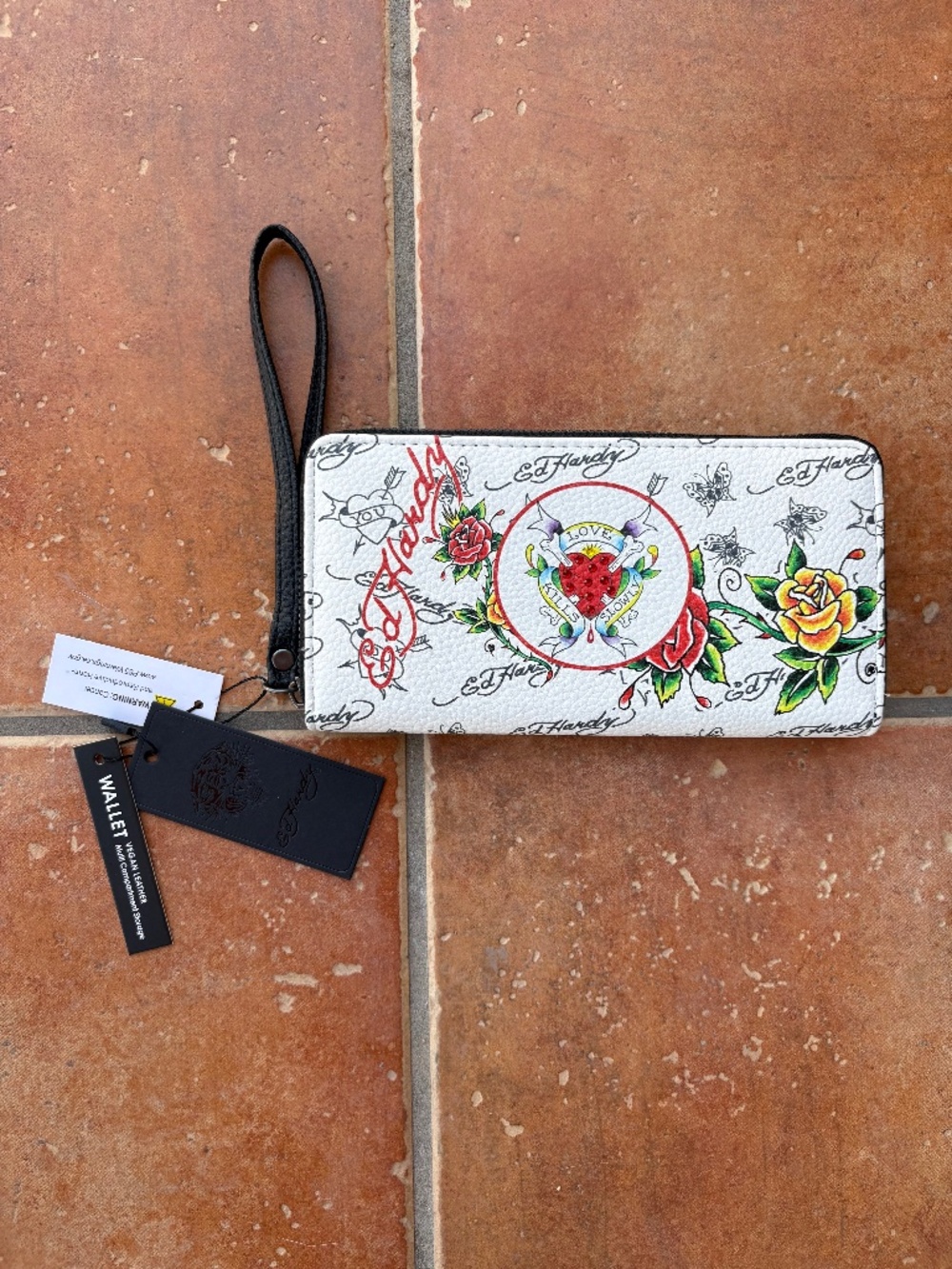 NWT Ed Hardy Love Kills Slowly White Tattoo Print Zip Around Wristlet Wallet